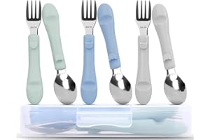 Bakpoco 6PCS Toddler Utensils, 316 Stainless Steel Baby Safe Forks + Spoons with Silicone Handle, BPA Free Dishwasher Safe Kids Silverware Cutlery with Box, Sage/Blue/Gray