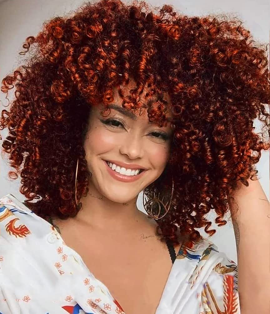 Colorfulpanda Curly Afro wigs for Black Women Ombre Auburn Short Bob Hair Kinky Culry Natural Synthetic Wig with Fringe for Cosplay Party Daily Wear, Mixed Color Copper Red