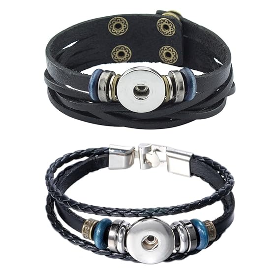 Soleebee Click Button Chunks Druckknöpfe Retro PU Lederarmband Metallverschluss Wickelarmband 2 Stück (Schwarz)