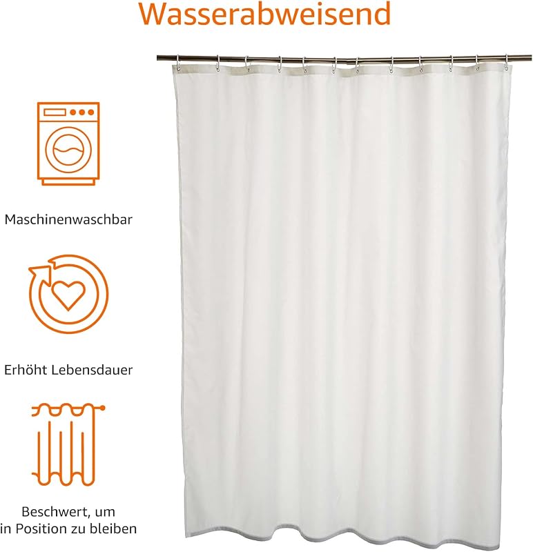 Duschvorhang, Wasser- und schimmelresistenter Stoff, Badezimmervorhang mit Ösen und Haken, maschinenwaschbar, 180 x 200 cm, Weiß — Foto 4 von 4