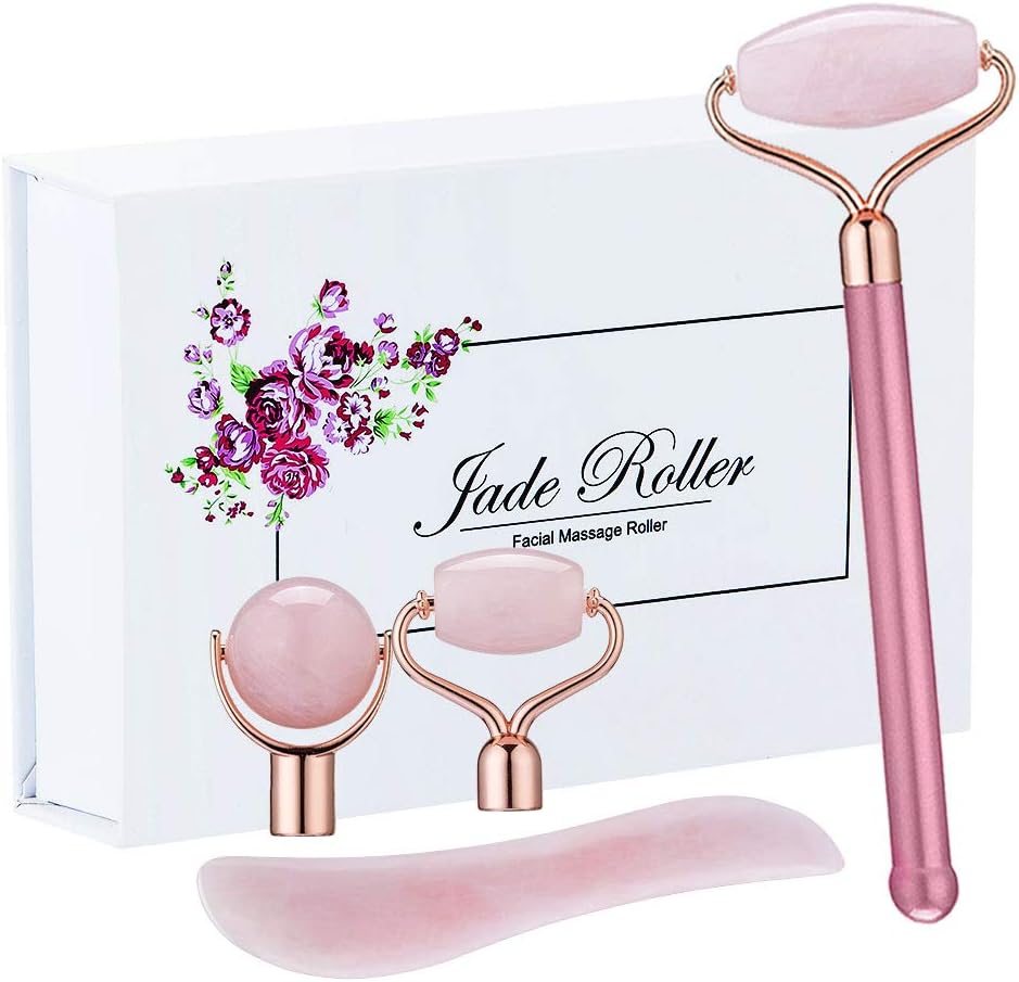 Jade Roller for Face, 3-in-1 Detachable Natural Face Roller | Metal Handle | Gua Sha Stone, Facial Massage Roller for Slimming & Tightening, Skin Rejuvenating & Wrinkle