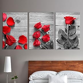 3 Panel Canvas Wall Art - Black and White Roses with Touch of Red Color - Giclee Print Gallery Wrap Modern Home Art Ready to Hang - 16"x24" x 3 Panels