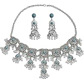 Turquoise Tassel Faux Pearl Jewellery Set Dangling Beaded Ball Oxidized Silver Bohemian Jhumka Jhumki Earring Necklace Ethnic Traditional Bollywood Choker Dangle Drop Bridal Fashion Gift for Women
