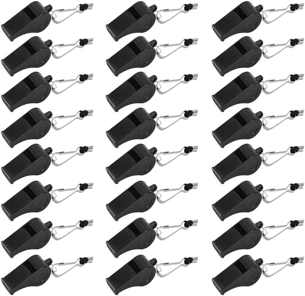 wonuu 24 Pcs Plastic Black Loud Whistles With Lanyard For Emergency Referee Coaches Training Sports