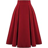 Belle Poque Women's Vintage High Waist Pleated Midi A-Line Skirt with Pockets