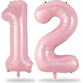 Light Pink 12th Birthday Balloon for Girls, 40'' Mylar Self Inflating Number 12 Balloon, Big Foil 1 & 2 Helium Pastel Pink Balloon for Women 21st Birthday Party Decoration Anniversary Decor Supplies
