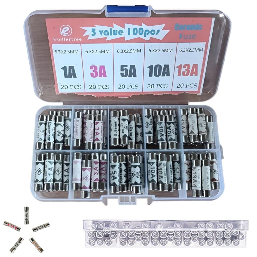 Box of 100 Assorted Plug Fuses (1A–13A) (20 Each) – Mixed Domestic Fuses for UK Appliances | 1A 3A 5A 10A 13A – BS1362 Safety Certified