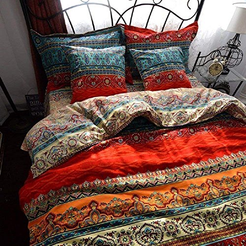 HNNSI 100% Brushed Cotton Boho Duvet Cover with 2 Pillow Shams(3 Pieces, Queen Size 90" x 90"),Bohemian Exotic Striped Bedding Sets, Ethnic Vintage Floral Comforter Cover Sets