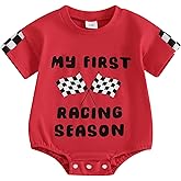 KMBANGI My First Racing Season Outfit Newborn Baby Boy Girl Short Sleeve Race Car Checkered Flag Romper Infant Clothing 0-18M