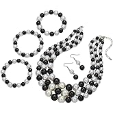 TETING GINING Black White Pearl Beaded Necklace Bracelets Earrings Set for Women Jewelry