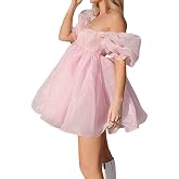 Pejihota Womens Off-Shoulder Ruffled Fluffy Short-Sleeved Mesh Party Mini Princess Dress