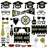 CUALFEC 2017 Graduation Photo Booth Props Graduation Party Decoration Gold & Silver 33 Counts in Gift Box. (New Edition)