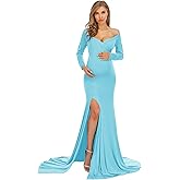 ZIUMUDY Elegant Fitted Maternity Gown Side Split Off Shoulder Long Sleeve Maxi Photography Dress Baby Shower