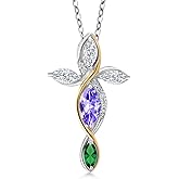 Cross Necklace For Women In 925 Silver and 10K Yellow Gold with Tanzanite and White Moissanite and Nano Emerald | 1.42 Cttw | Jesus Christian Religious Crucifix | Marquise 8X4MM | With 18 Inch Chain