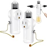 Light Socket Outlet Adapter, E26 Light Bulb Socket Plug with Switch,2 Pack | Converts Medium Screw Socket to 2 Outlets With Pull Chain Switch,Polarized Light Bulb Socket Splitter,White