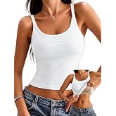 Danysu Women's Tank Tops with Built in Bras Ribbed Fitted Cropped Camisoles | No See Through, Cotton, Scoop Neck，Shelf Bra, Removable Pads, Stretchy Everyday Tank, Y2K Cute Summer Basic Casual Top