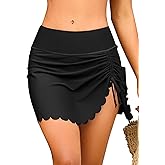 SHEKINI Women's High Waisted Swim Skirt Bottoms Ruched Scallop Trim Bathing Suit Skirts Split Swim Suit Bottoms