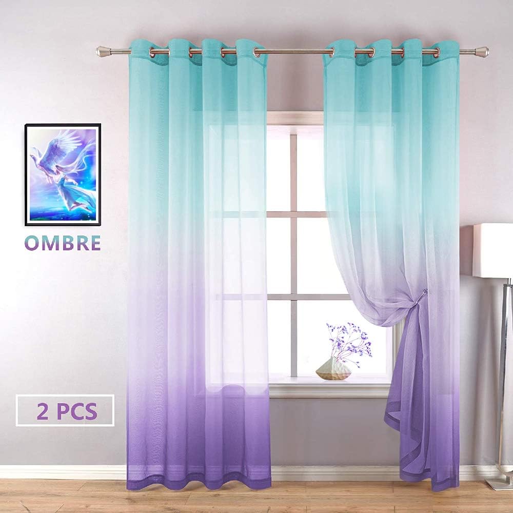 YZhome Cyan and Purple Sheer Curtains for Kids Bedroom 2 Panel,Elegant Lilac Turquoise Ombre Semi Voile Drapes Grommet Faux Linen Curtain for Nursery Baby Living Room (52 x 84 Inch,Cyan to Purple)