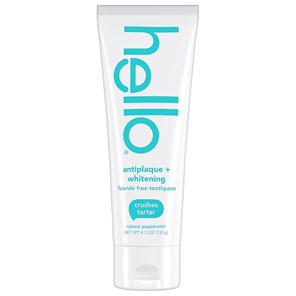 HELLO ANTIPLAQUE AND WHITENING FLUORIDE FREE TOOTHPASTE, WHITENING TOOTHPASTE WITH COCONUT OIL AND TEA TREE OIL, HELPS WHITEN TEETH, NATURAL PEPPERMINT, 4.7 OZ TUBE
