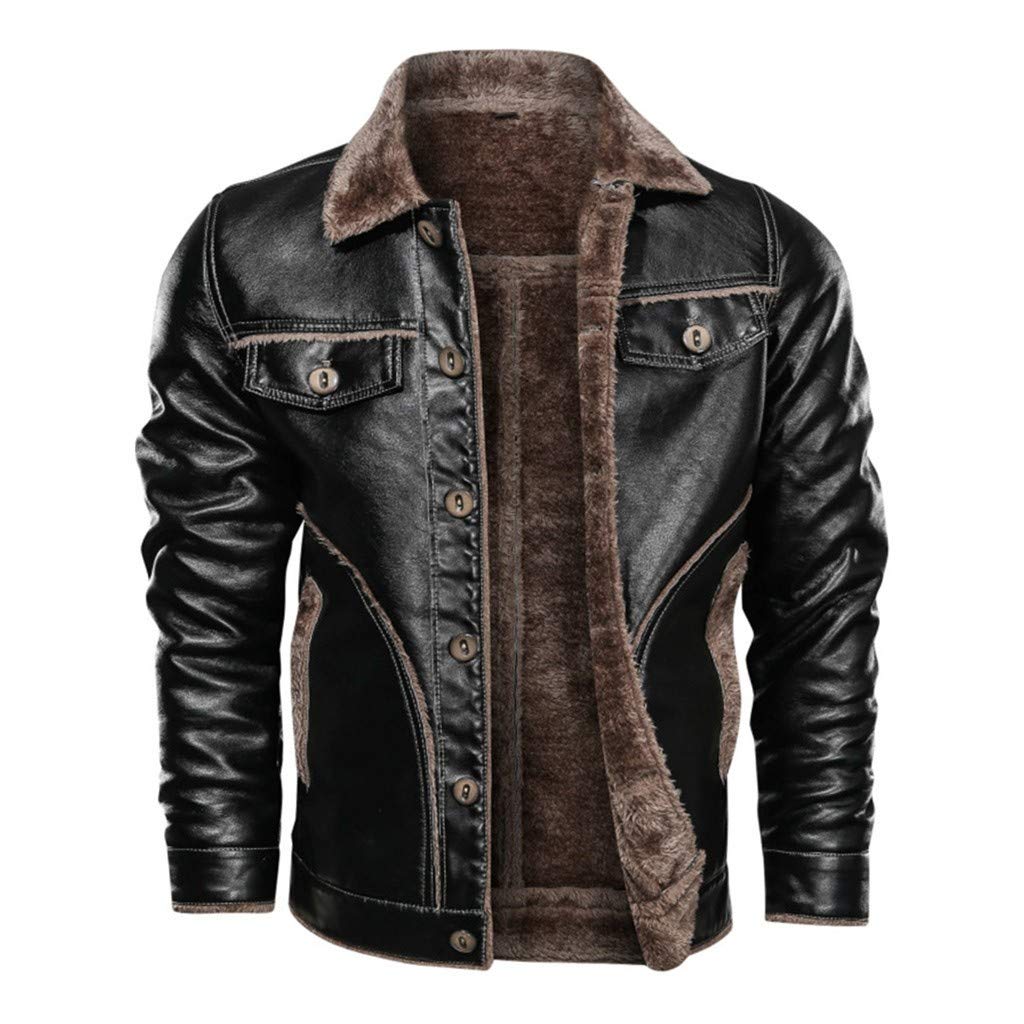 Stoota Mens Vintage Winter Faux Leather Lined Jacket, Regular Fit Zipper Up Turn Down Fur Collar Coa