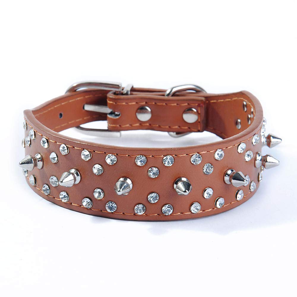 haoyueer Spiked Studded Dog Collar Stylish Leather Dog Collar, with Bullet Rivets and Rhinestones, Soft and Adjustable for Medium and Large Dogs (M, Brown) — image 1