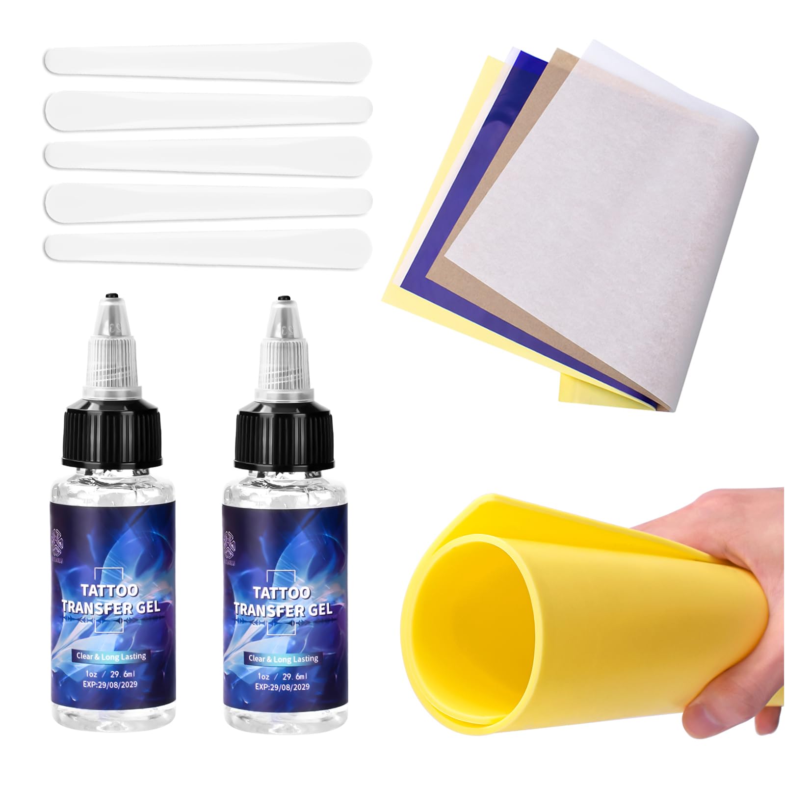 ATOMUS Tattoo Transfer Gel Kit - 29.6ml Tattoo Stencil Cream, 5pcs Transfer Paper & 3mm Practice Skin