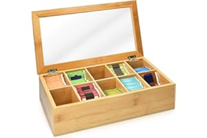 Navaris Bamboo Tea Box - Chest Organiser with 10 Compartments for Tea Bags - Wooden Case Container with Transparent Lid for I