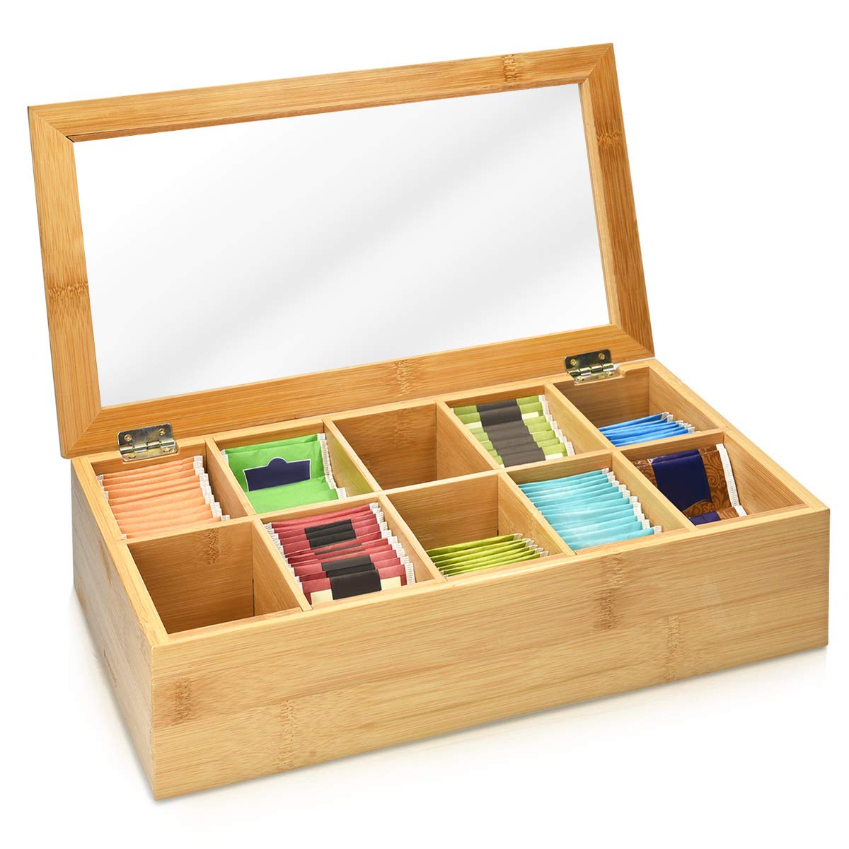 Navaris Bamboo Tea Box - Chest Organiser with 10 Compartments for Tea Bags - Wooden Case Container with Transparent Lid for Individual Tea Bag Storage
