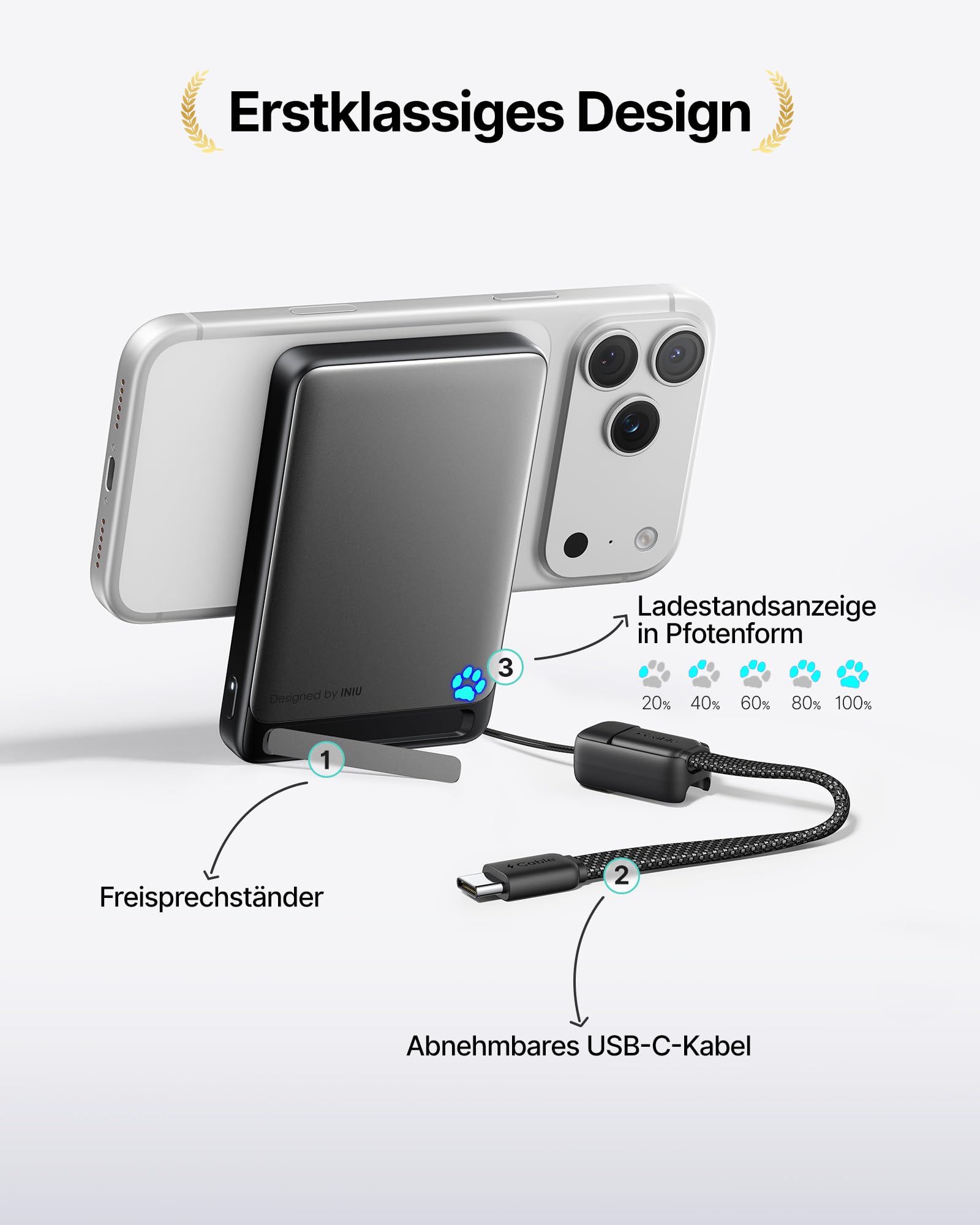 INIU Ultra-schlank 10000mAh Power Bank für MagSafe, Original Qi2-zertif. Wireless Fast Charging, 45W Externe Akku mit USB C Kabel & Ständer, Reise-Essential Magnetische Akkubank für iPhone 17-12 Serie 5