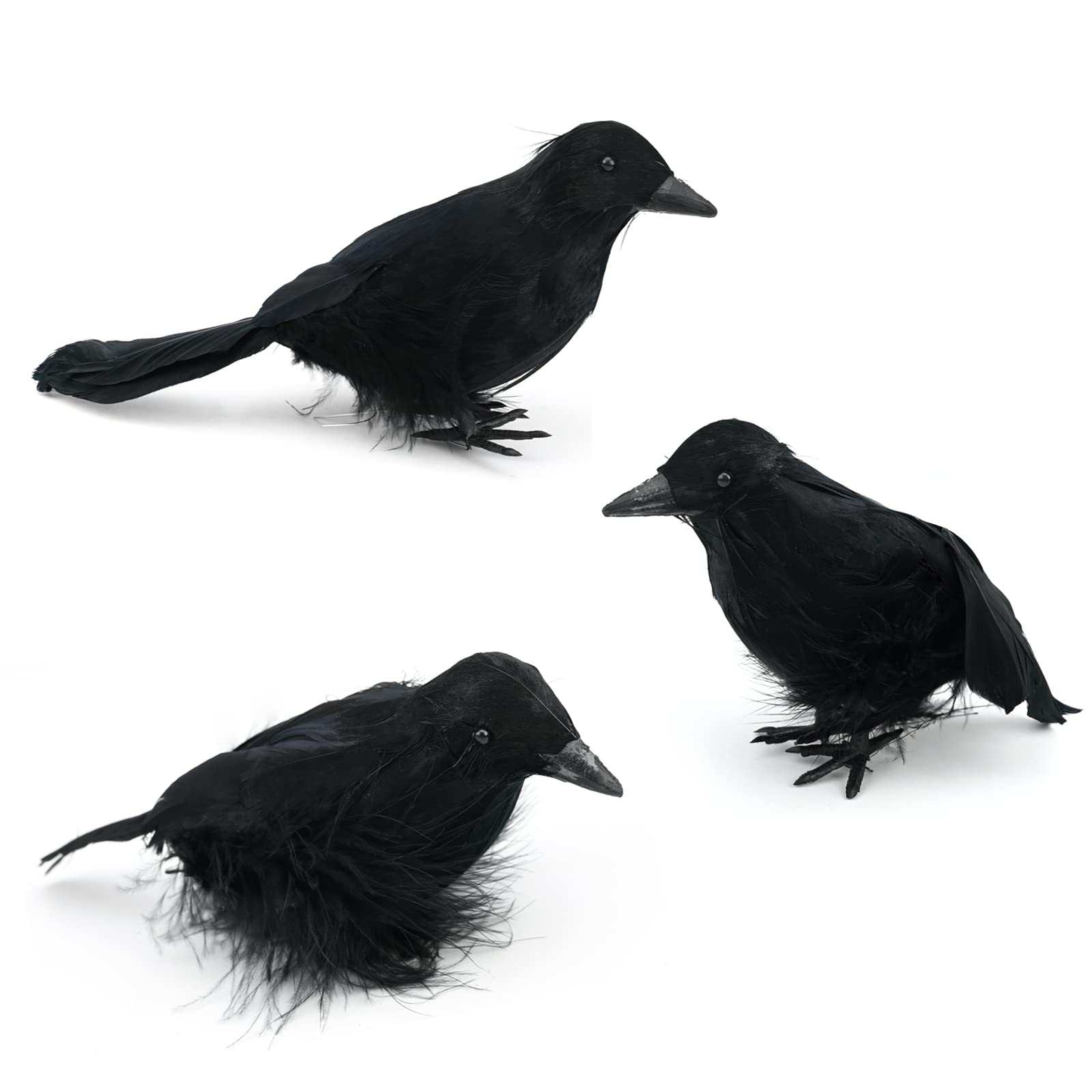 3 Pack Halloween Crows Artificial Feathered Crows Realistic Raven Birds Decorations Animal Ornament Spooky Black Feather Crow Bird for Halloween Party Prop Indoor Outdoor Home Garden Decoration Model