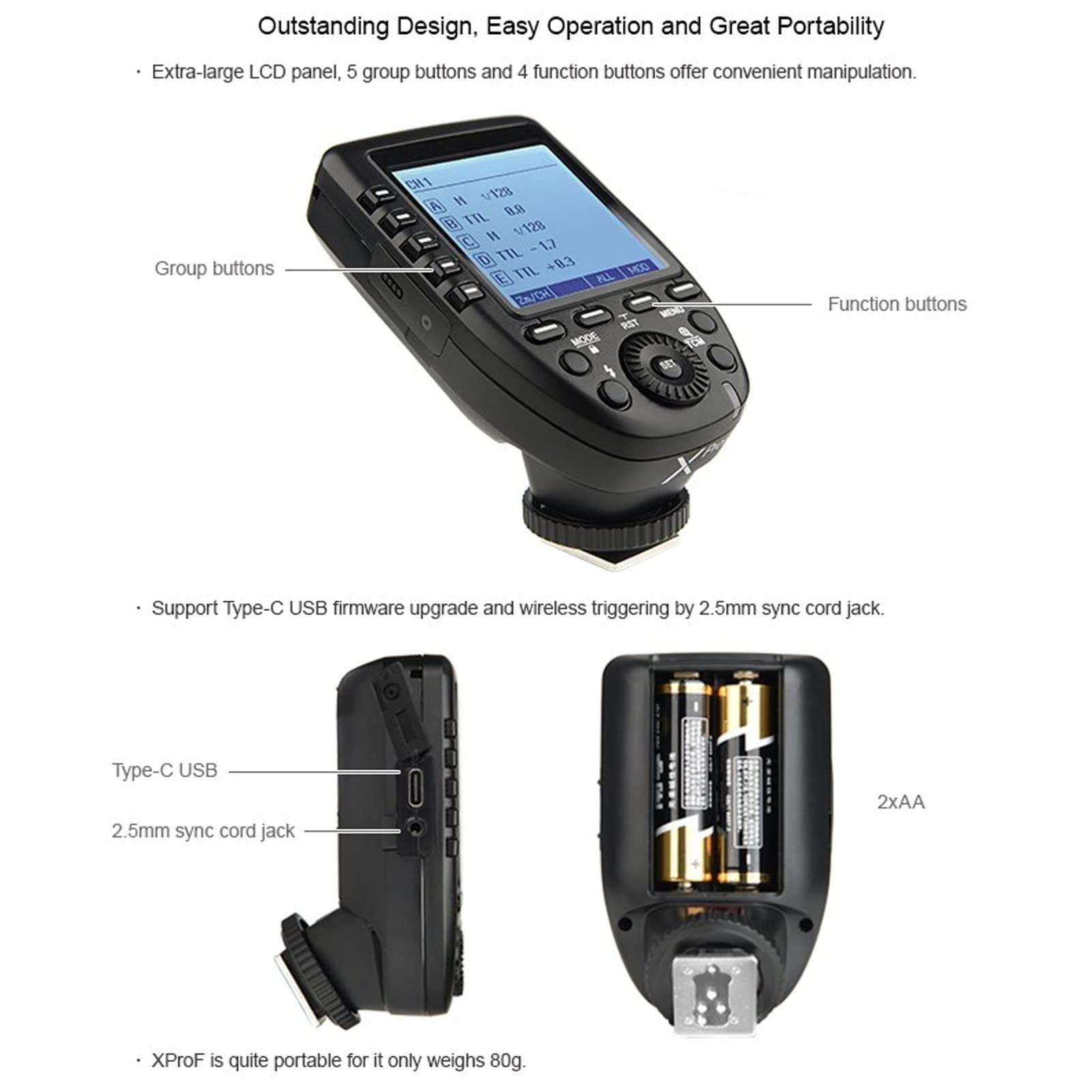 Godox Xpro-F Wireless Flash Trigger Transmitter for Fuji Fujifilm 1/8000s HSS TTL-Convert-Manual Function Large Screen Slanted Design 5 Dedicated Group Buttons 11 Customizable Functions w/Color Filter