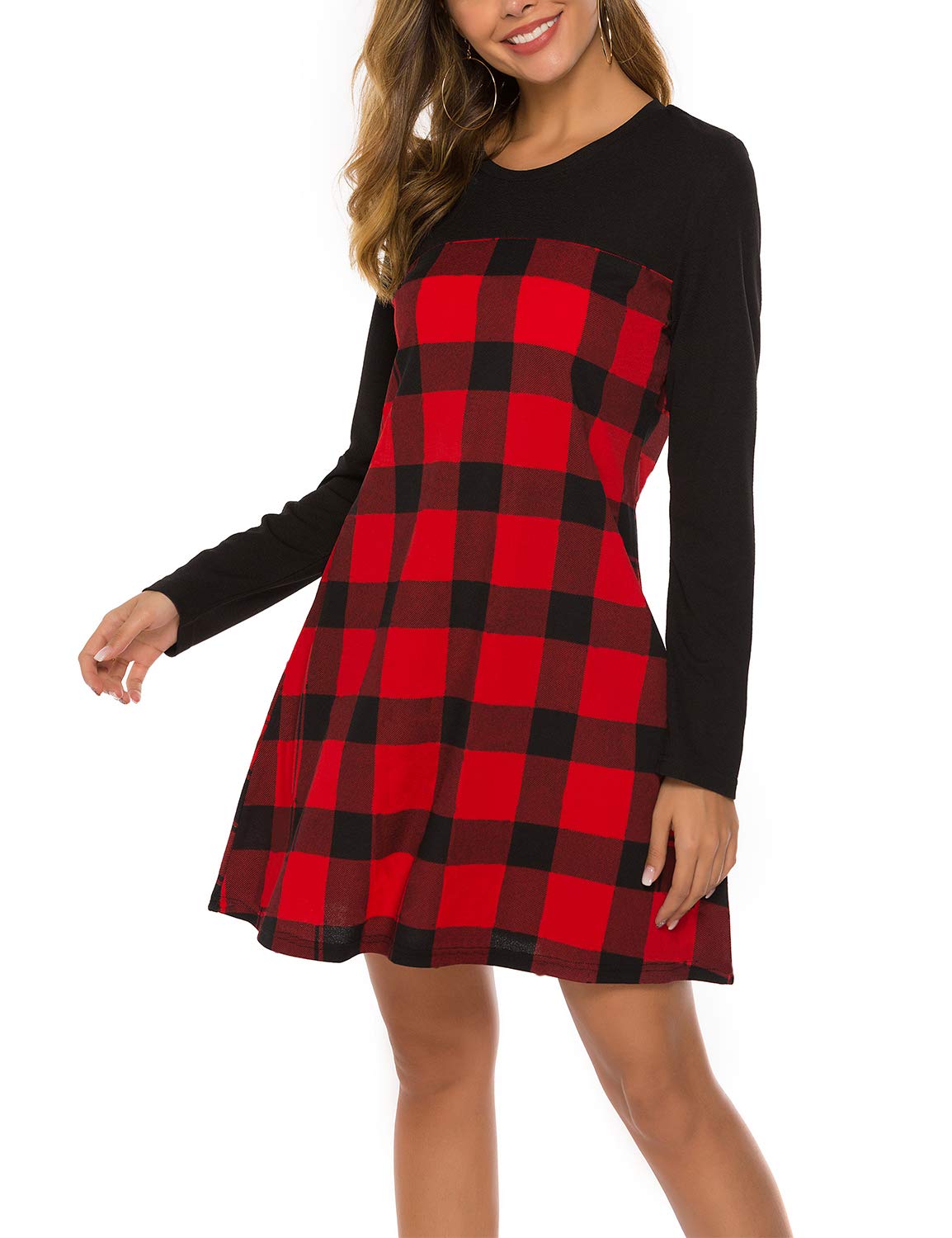 Blooming Jelly Women\'s Casual Plaid Dress Long Sleeve Round Neck Color Block Swing Tunic Dress(S, Red)