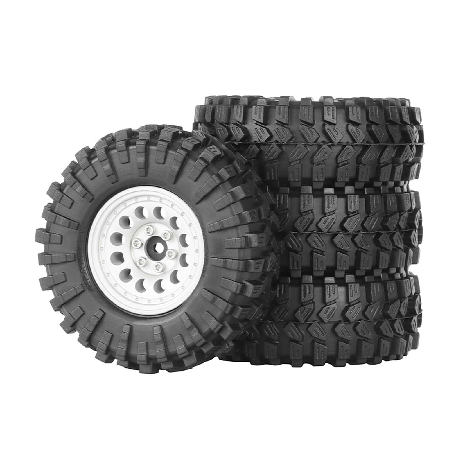 KEEDA 1.33” All-Terrain Tire and Wheel Set - Alloy Beadlock Wheels & Tyres with 5mm & 7mm Hex for 1/12 1/14 1/18 1/24 RC Crawler (A, Silver)