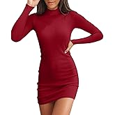 Valiamcep Women's Long Sleeve Dress Mock Neck Dresses Ribbed Knit Slim Fitted Bodycon Casual Mini Pencil Dress Wine Red XS