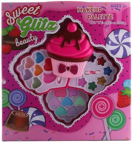 Sweet Glitz - Kids Pretend Play Makeup Kit - Designer Girls Makeup Palette for Kids - Packed In a Cute Cupcake Printed Vanity w/ Mirror- Non-Toxic and Washable