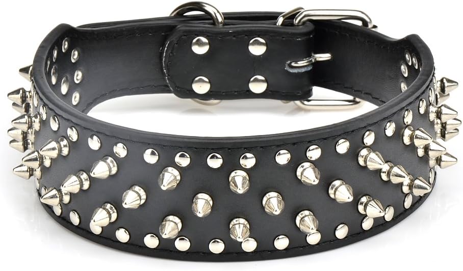 Pet Kingdom 24-26'' Black Leather Spiked Studded Large Dog Collar