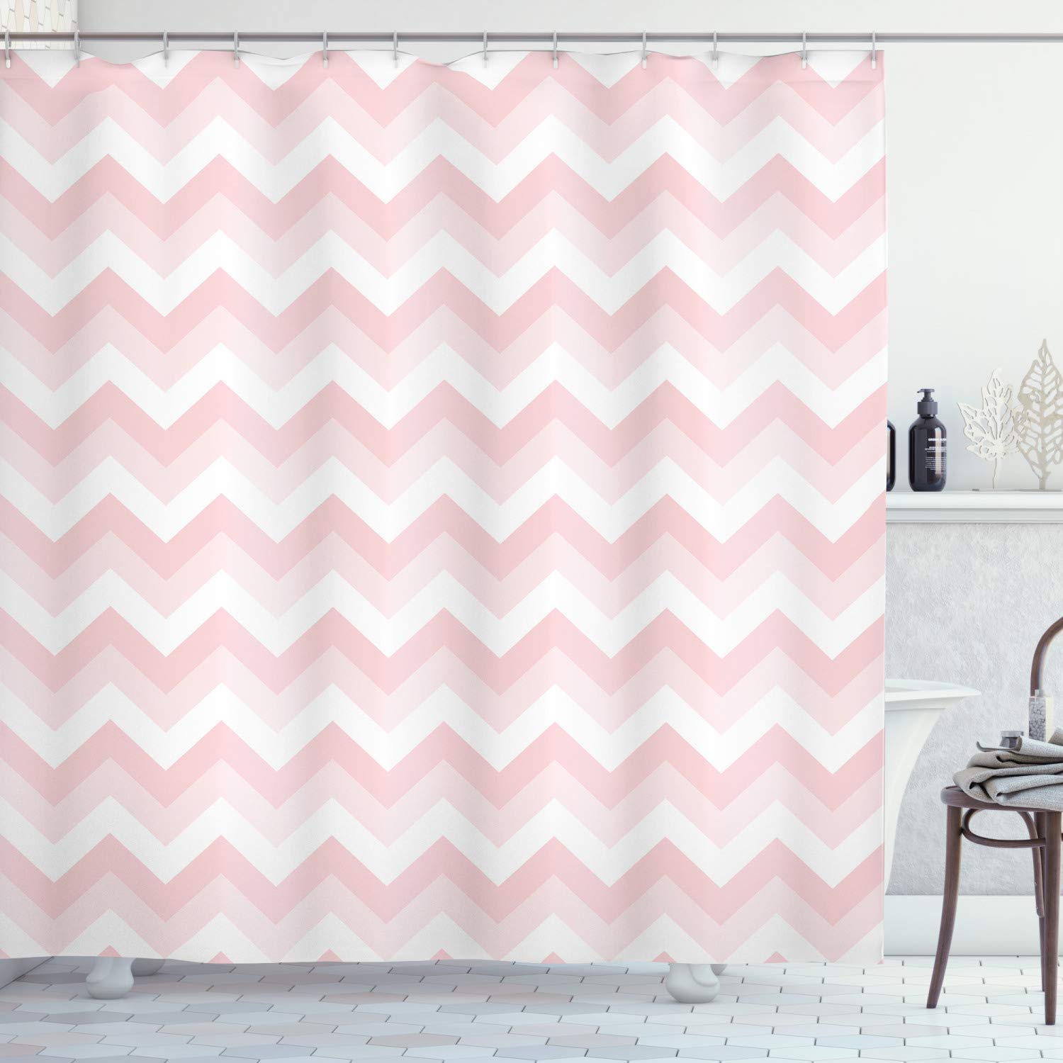 ABAKUHAUS Chevron Shower Curtain, Zigzag Chevron Grunge Pattern in Soft Colors Simplicity Design, Cloth Fabric Bathroom Decor Set with Hooks, 94 Inches, Rose Pale Pink White — image 1