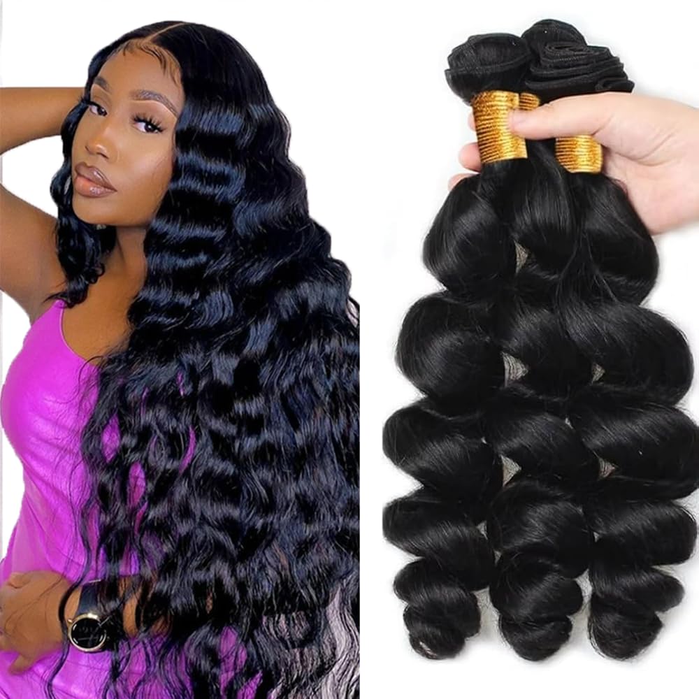 Photo 1 of #1B Human Hair Bundles Loose Deep Wave Bundles 30 32 34 Inch Unprocessed Brazilian Virgin Hair Weave 3 Bundles Natural Color Bundle Human Hair Extensions 50 Grams Per Bundle For Women
