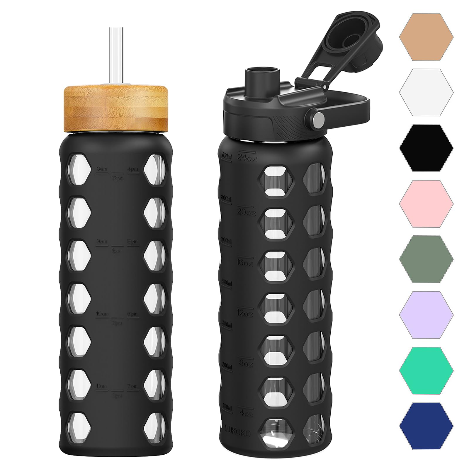 HYDRAGLAZIC 700ML Glass Water Bottle with 2 Flip and Bamboo Straw Lids Sports Water Tumbler with Time Reminder and Silicone Sleeve Leak-proof BPA Free, Black