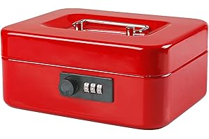 Jssmst Medium Cash Box with Combination Lock - Durable Metal Cash Box with Money Tray Red, 7.87 x 6.3 x 3.35 inches, CB0703M