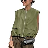 Yimoon Women’s Oversized Zip Up Cargo Vest Casual Ruched Hem Sleeveless Blazer Jackets Vest Top with Pockets