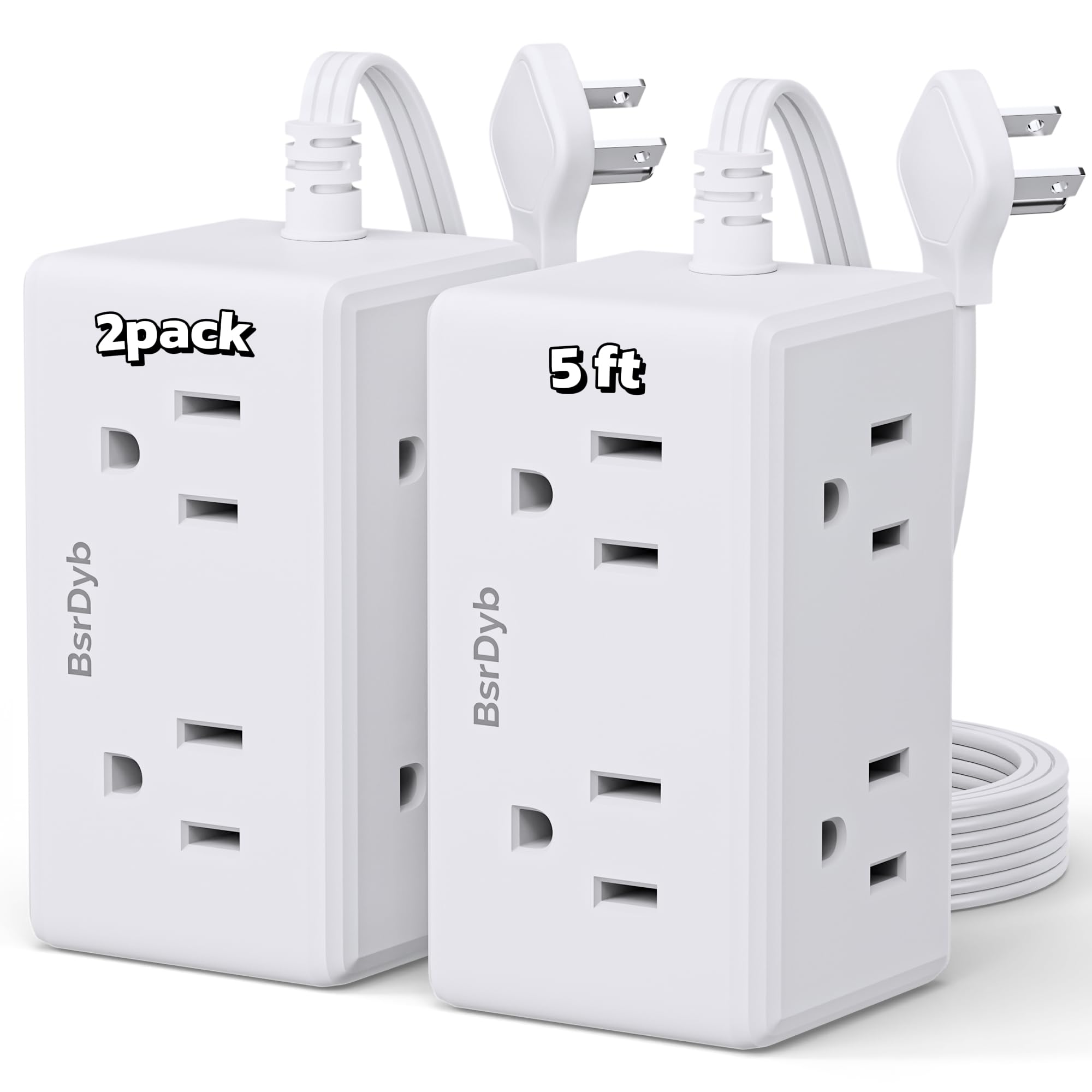 Photo 1 of 2 Pack 5Ft Flat Plug Small Power Strip,3-Side White Extension Cord with 6 Wide Outlets Extender,No Surge Protector,Cruise Ship Essentials,Multi Plug for College Dorm Home Office Travel,Wall Mount,ETL