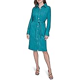 H Halston Womens Long Sleeve Collared V-Neck Button Front Belted Shirt Dress