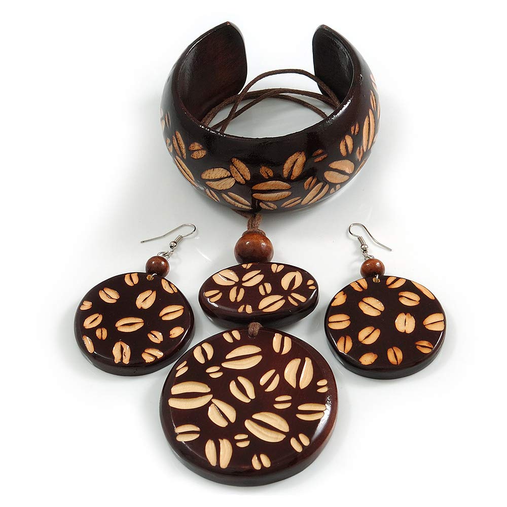 Avalaya Long Brown Cord Wooden Pendant with Coffee Beans Motif, Drop Earrings and Cuff Bangle Set in Brown - 76cm L/Medium Size Bangle
