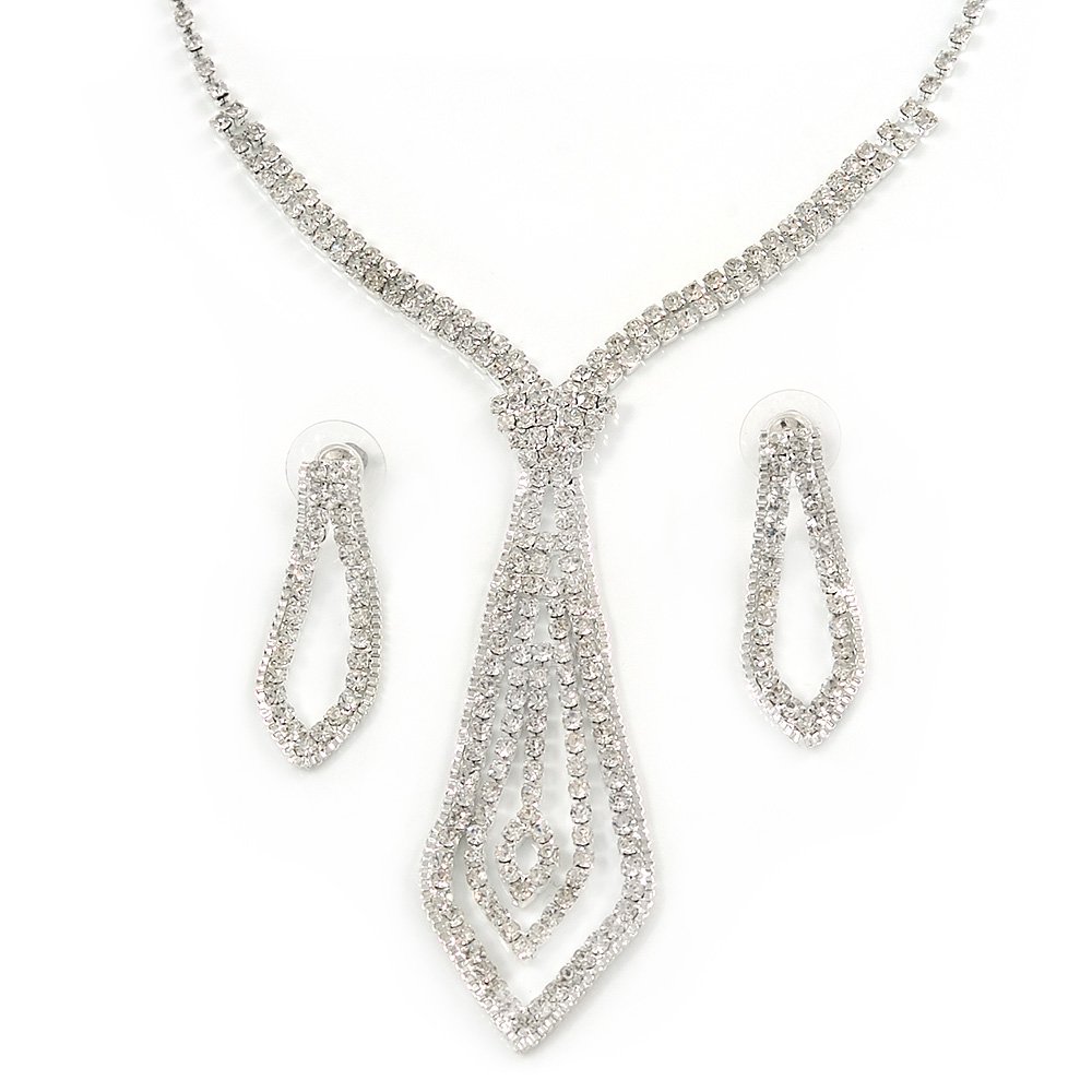 Avalaya Bridal Clear Crystal Open Tie Necklace & Earrings Set/Silver Tone Metal/ 31cm L/ 12cm Ext