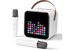 SUNYIN Protable Karaoke Machine with Two Wireless Microphones Rechargeable Bluetooth Karaoke Speaker for Kid and Adult Singing PA Speaker System 18 LED Pattern Support Funny Voice TWS/Radio/AUX/REC (White)