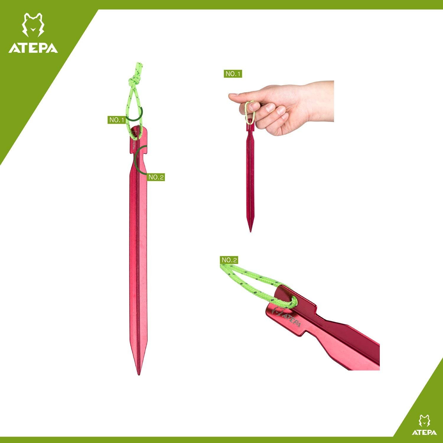 ATEPA Aluminum Outdoor Tent Kit with 10 Tent Stakes Attached Reflective Pull Cords And 4 Pieces Reflective Guy Ropes Attached Guy Line Adjuster