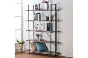 HSH 5-Shelf Vintage Industrial Rustic Bookshelf, 5 Tier Wood and Metal Bookcase, Open Etagere Book Shelf, Farmhouse Wooden Bookshelves, Light Grey Oak