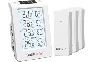 BaldrTherm Solar Photosensitive Three Channel Thermo-Hygrometer, Wireless Temperature & Humidity Monitor with 330ft Range, 4.8" Digital Display, Smart Backlight, Real-Time Alerts, White