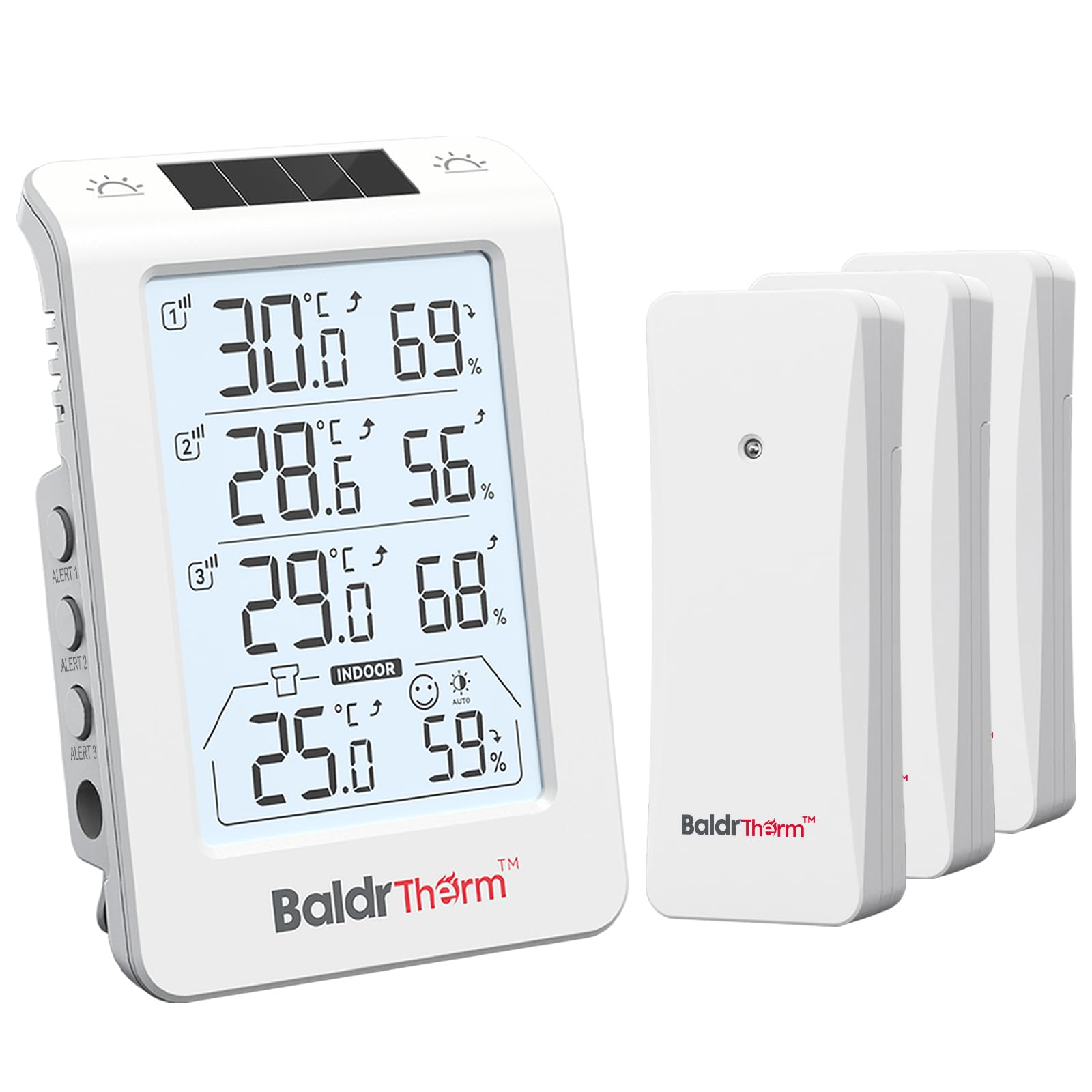 Photo 1 of BaldrTherm Solar Photosensitive Three Channel Thermo-Hygrometer, Wireless Temperature & Humidity Monitor with 330ft Range, 4.8" Digital Display, Smart Backlight, Real-Time Alerts, White